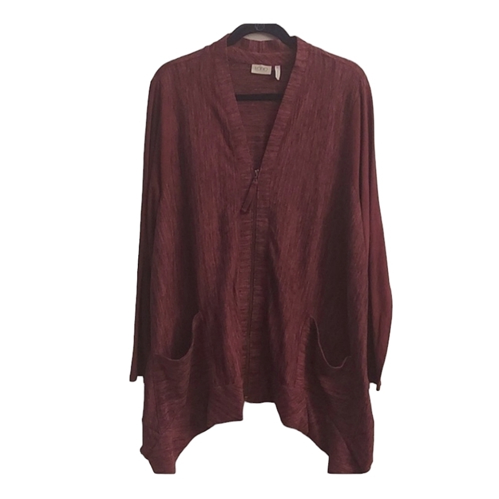LOGO Lori Goldstein Burgundy Knit Zippered Longline Cardigan Faux Suede Sleeves